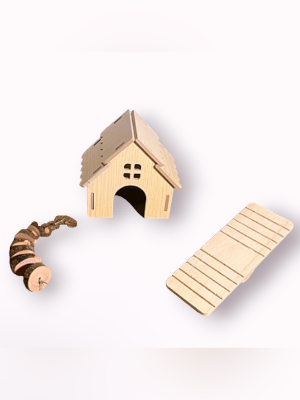 Dwarf hamster Wooden Pet House & Ramp Set - Natural Wood